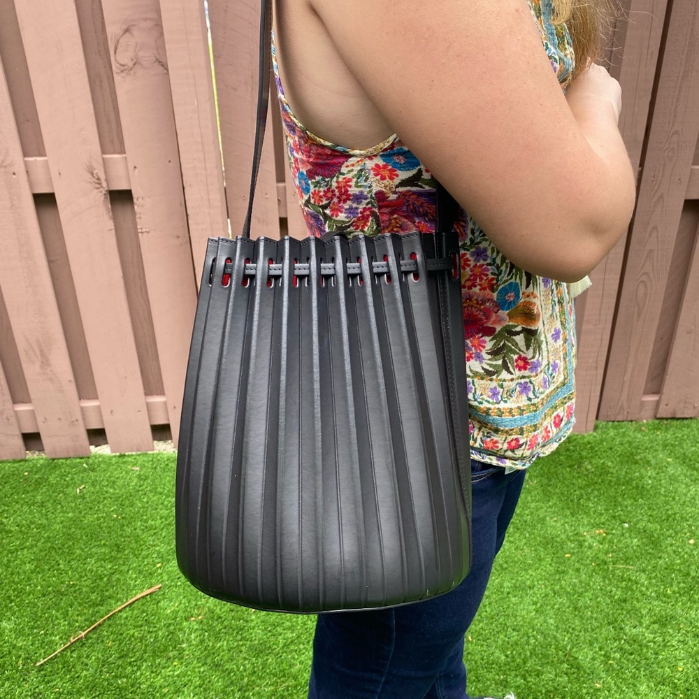 MANSUR GAVRIEL black leather pleated bucket bag.